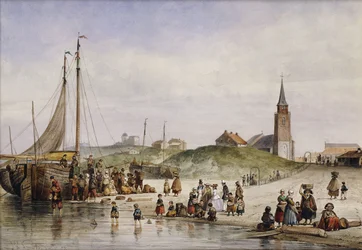Pescatori su una spiaggia con una città oltre, 1857