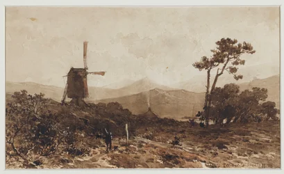 Paesaggio collinare con un mulino a sinistra