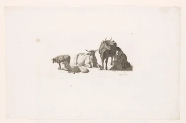 Donna che munge una mucca, con bovini e pecore