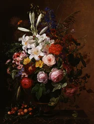 Gigli, pelargoni e rose in un vaso greco. Dipinto di Johan Laurentz Jensen (1800-1856) Collezione privata.