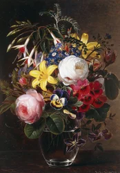 Rose, gigli, viole del pensiero e altri fiori in un vaso