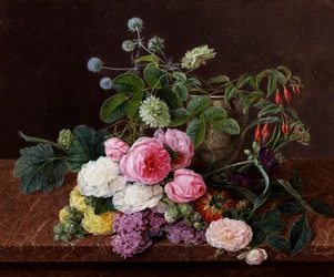 Rose muschiate, peonie e rose tremieres doppie con commeline color malva. Dipinto di Johan Laurentz Jensen (1800-1856) Collezione privata.