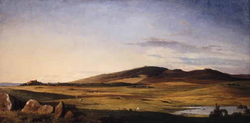 Paesaggio della Zelanda. Vista da Bjerresø Mark verso Vejrhøj e Dragsholm Manor