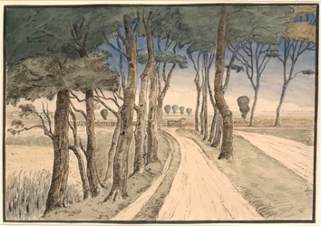 Paesaggio di campagna. In primo piano una strada con alberi