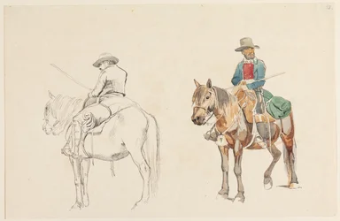 Campagnolo a cavallo, visto di sbieco da dietro. Campagnolo a cavallo visto di sbieco da davanti