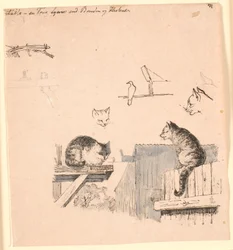 I due gatti. Studi di teste di gatto, un uccello, un orecchio di gatto e travi. Illustrazione per "Favole per bambini" di Kaalund. Vedi commento dal catalogo.
