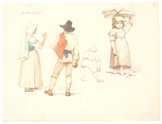 Quattro studi di figure. Donna in piedi e giocatore di bocce in piedi, un giocatore di bocce che sta per lanciare e una bambina con un cesto sulla testa