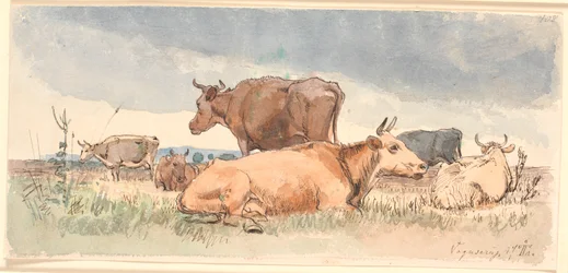 Paesaggio con tre mucche sdraiate e tre in piedi