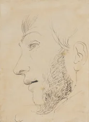 Ritratto di uomo di profilo verso sinistra, visto dal basso