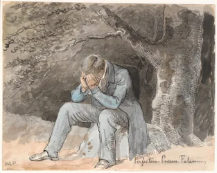"Perfectum - Præsens - Futurum". Giovane seduto sotto un albero su una pietra con le mani sul viso