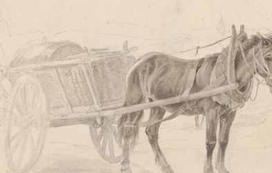 Carro trainato da un cavallo marrone vicino a un lampione, Verso: Un gruppo di ufficiali a cavallo, ca. 1815