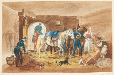 Cavalieri in una stalla