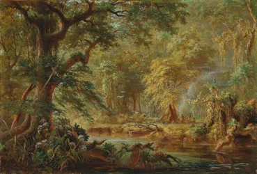 Accampamento di indiani brasiliani vicino a un fiume nella foresta pluviale