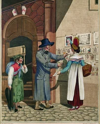 Un venditore ambulante di ballate e stampe popolari, apprendista calzolaio, da una serie di tipi viennesi intorno al 1810 ...
