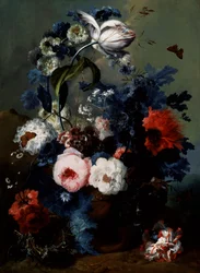 Natura morta di rose, papaveri e iris. Dipinto di Johann Baptist Drechsler (1756-1811) Collezione privata.