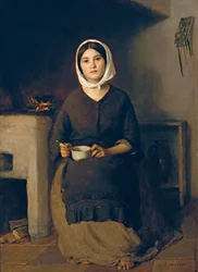 Donna seduta in una cucina contadina