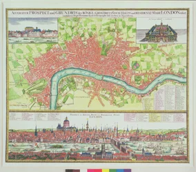 Mappa aerea di Londra e vista attraverso il Tamigi dalla South Bank, con la Cattedrale di San Paolo e il Ponte di Londra, di Johann B. Homann, c.1730