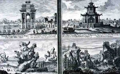 Quattro vedute che mostrano un arco trionfale cinese, una pagoda a Sinkicien nella provincia di Xantum, montagne e grotte artificiali e un ponte a catena vicino alla città di Kingtung, Cina, da 