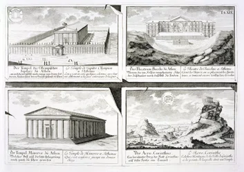 Vedute di quattro Edifici Classici: Il Tempio di Zeus Olimpio, il Teatro di Dioniso ad Atene, il Tempio di Atena ad Atene e un Tempio a Corinto, da Entwurf einer historischen Architektur