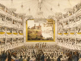 Austria, Vienna, Interno del Teatro an der Wien, stampa acquerellata di J.C. Schoeller