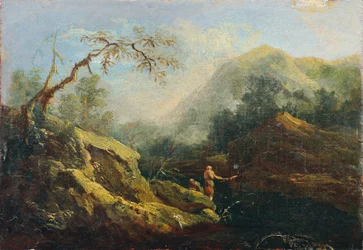 Paesaggio montuoso con pescatore