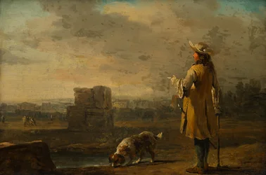 Gentiluomo con cane in un paesaggio