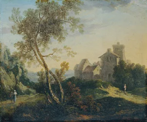 Paesaggio ideale con alberi e villaggio fortificato (La sera)