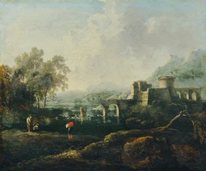 Paesaggio ideale con fiume e rovina di ponte (Il mattino)