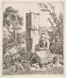 Una vecchia signora seduta vicino a un pilastro al lato della strada, 1819