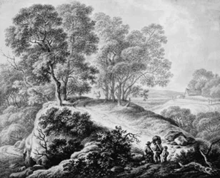 Paesaggio con figure e strada tra alberi alti