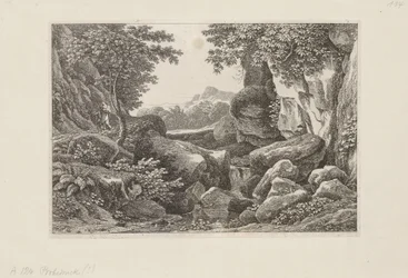 Paesaggio roccioso con un pastore che cammina a sinistra