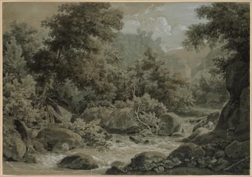 Paesaggio montano e boschivo, con un ruscello in primo piano