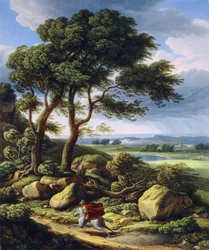 Tedesco: Paesaggio tempestoso con cavaliere.