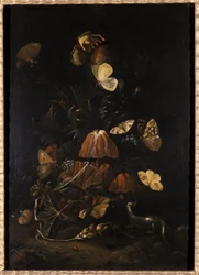 Fiori con farfalle e lucertola