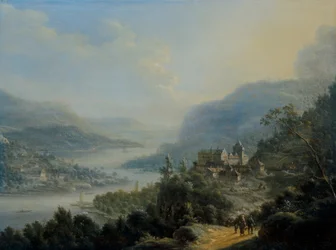 Ampio paesaggio renano con viaggiatori su una strada vicino a un castello