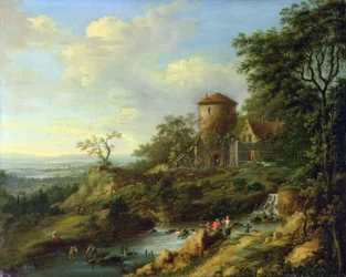 Paesaggio renano con pescatori vicino a una torre (olio su tela)