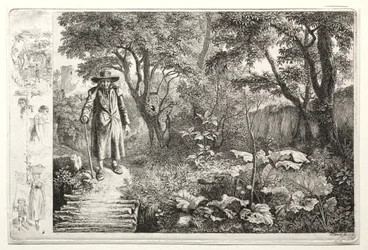 Vecchio davanti al ponte di tronchi