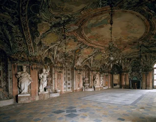 Vista del Grand Salon del castello di Weissenstein, architetto Johann Dientzenhofer 1714 Pommersfelden, Germania