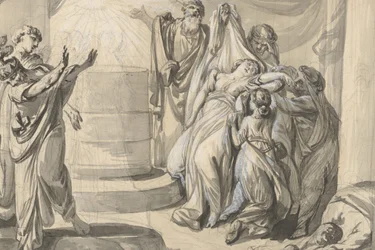 Scena sacrificale antica, verso: Schizzo di un gruppo di persone