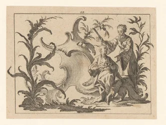 Cinese con testa e piatto seduto in un ornamento rococò, accanto a lui una donna con ventaglio