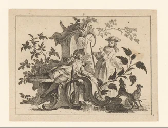 Uomo che fuma la pipa con fucile e donna con due cani su un ornamento rococò