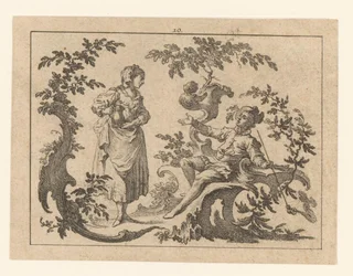 Uomo seduto che fuma, accanto a lui una donna in piedi con una brocca su un ornamento rococò (fumatori su ornamento rococò)