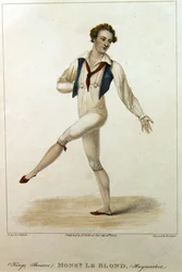 Ritratto di Monsieur Le Blond, un ballerino al Haymarket Theatre di Londra, che balla con gamba e braccio estesi, inciso da R. Cooper