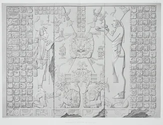 Rilievo raffigurante un sacerdote con offerte dal Santuario del Tempio del Sole, Palenque, tavole 29 e 30 da Antichi Monumenti del Messico, inciso da Werner, 1866