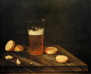 Natura morta con bicchiere di birra e panino