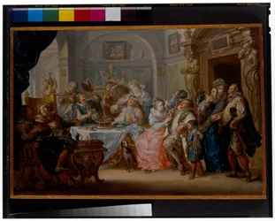 Interno con figure eleganti in costume da mascherata che festeggiano