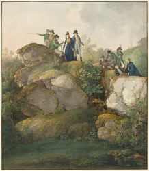 Un gruppo reale ammira il tramonto sulla cima del monte Hesselberg