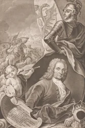Ritratto del pittore Georg Philipp Rugendas con scena di battaglia sullo sfondo