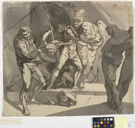 Riccardo Plantageneto getta la testa mozzata del duca di Somerset ai piedi di suo padre. Illustrazione per l