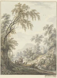 Paesaggio con cascata e castello in lontananza
